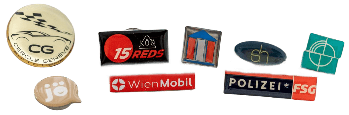 Pins / Anstecker in verschiedenen Formen und Größen